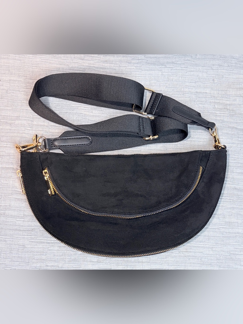 Sondra Roberts Squared Black Crescent Bag with gold zippers